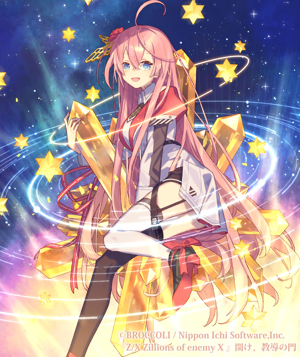 1girl, ahoge, black_shoes, black_thighhighs, blue_eyes, bow, colored_shoe_soles, copyright_notice