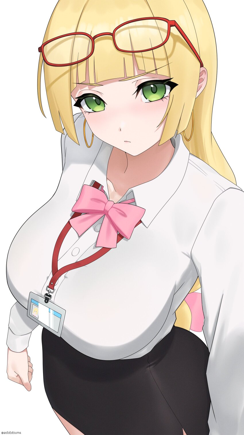 1girl, absurdres, aged_up, black_skirt, blonde_hair, bow, breasts, clenched_hand, collared_shirt, commission, cowboy_shot, earrings, eyewear_on_head, furrowed_brow, gototo_touma, green_eyes, hair_bow, highres, hoop_earrings, id_card, jewelry, lanyard, large_breasts, lillie_(pokemon), looking_at_viewer, nintendo, office_lady, pencil_skirt, pink_bow, pokemon, pokemon_sun_and_moon, serious, shirt, skirt, solo, v-shaped_eyebrows, white_background, white_shirt