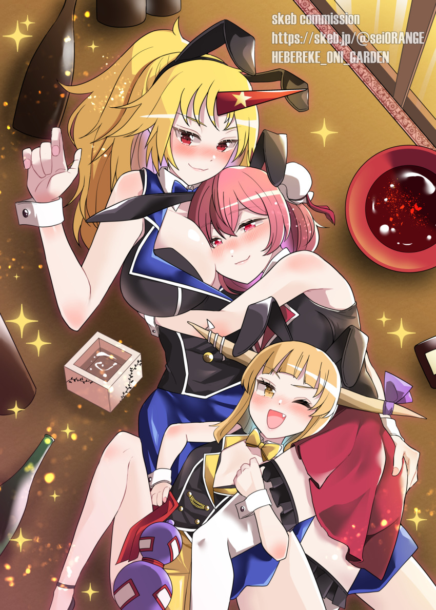 animal_ears, big_onis_of_gensokyo_(touhou), black_vest, blonde_hair, bow, bowtie, breast_pillow, breasts