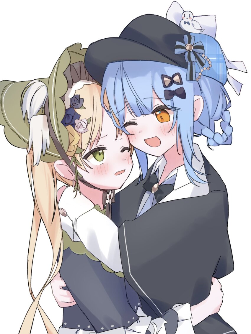 2girls, black_capelet, black_flower, black_rose, blonde_hair, blue_hair, blush, bonnet