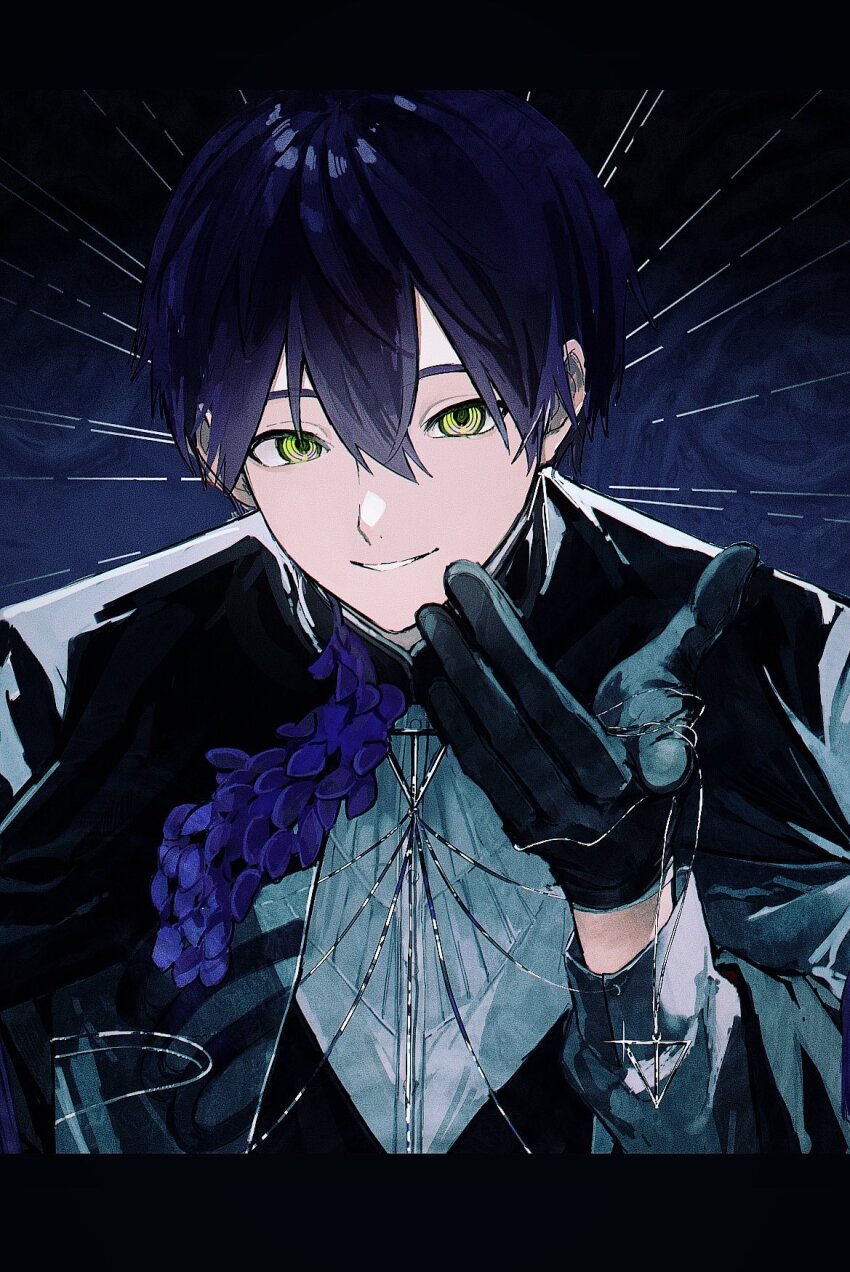 1boy, black_background, black_border, black_gloves, black_jacket, blue_background, border, festoon_(necklace)