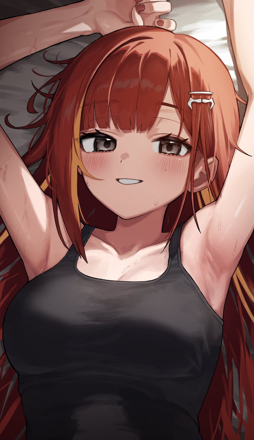 1girl, absurdres, akane_lize, armpit_focus, armpits, arms_up, black_tank_top, blush