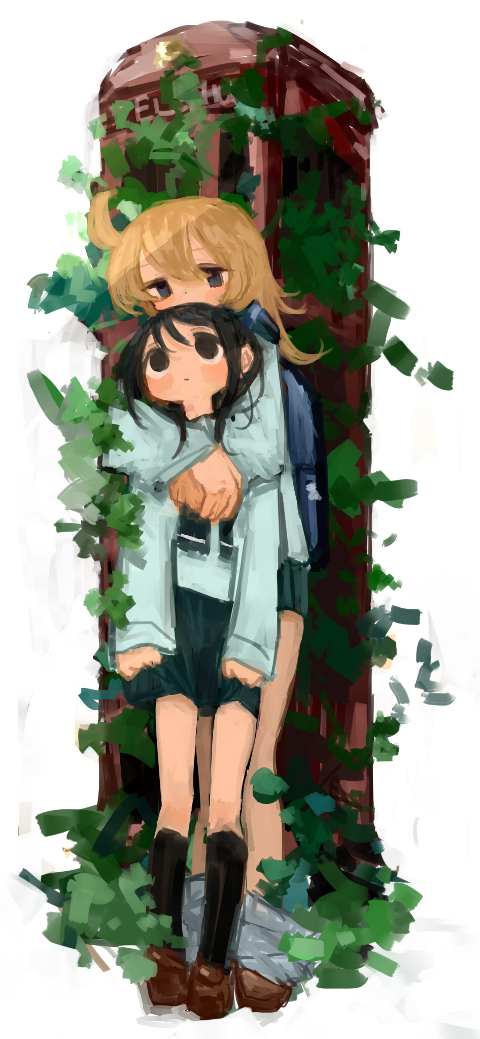 2girls, black_eyes, black_hair, black_skirt, black_socks, blonde_hair, chito_(shoujo_shuumatsu_ryokou), full_body