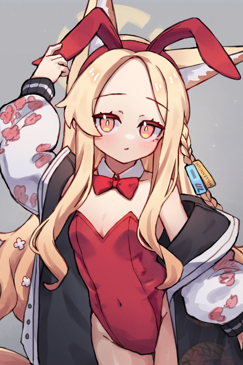 1girl, adjusting_clothes, adjusting_headwear, alternate_costume, animal_ear_fluff, animal_ear_hairband, animal_ears, blonde_hair, blue_archive, blush, bow, bowtie, braid, commentary, cosplay, covered_navel, cross_halo, detached_collar, english_commentary, fake_animal_ears, flora_print, fox_ears, fox_girl, fox_tail, grey_background, hairband, halo, hand_up, highleg, highleg_leotard, highres, jacket, leotard, loli, long_hair, long_sidelocks, long_sleeves, looking_at_viewer, miya_(miyaruta), neru_(blue_archive), neru_(blue_archive)_(cosplay), off_shoulder, open_clothes, open_jacket, open_mouth, orange_eyes, pantyhose, playboy_bunny, print_jacket, rabbit_ears, red_bow, red_bowtie, red_hairband, red_leotard, seia_(blue_archive), sidelocks, simple_background, single_braid, solo, standing, strapless, strapless_leotard, tail, thigh_gap, thighs, very_long_hair, white_jacket, yellow_halo