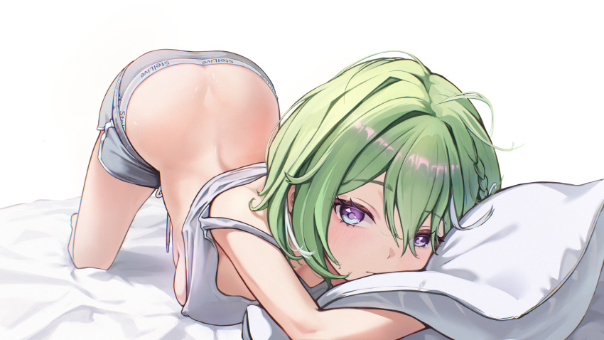1girl, absurdres, ass, back, braid, butt_crack, closed_mouth, clothes_lift, clothes_pull, commentary_request, dolphin_shorts, expressionless, foreshortening, green_hair, grey_panties, grey_shorts, grey_tank_top, hair_between_eyes, head_on_pillow, highres, kitsune_hero, korean_commentary, long_bangs, looking_at_viewer, multicolored_hair, on_bed, panties, pillow, purple_eyes, shiny_skin, short_hair, shorts, shorts_pull, side_braid, simple_background, solo, sports_panties, stellive, streaked_hair, tank_top, top-down_bottom-up, underwear, virtual_youtuber, white_background, white_streaks, white_tank_top, yuzuha_riko