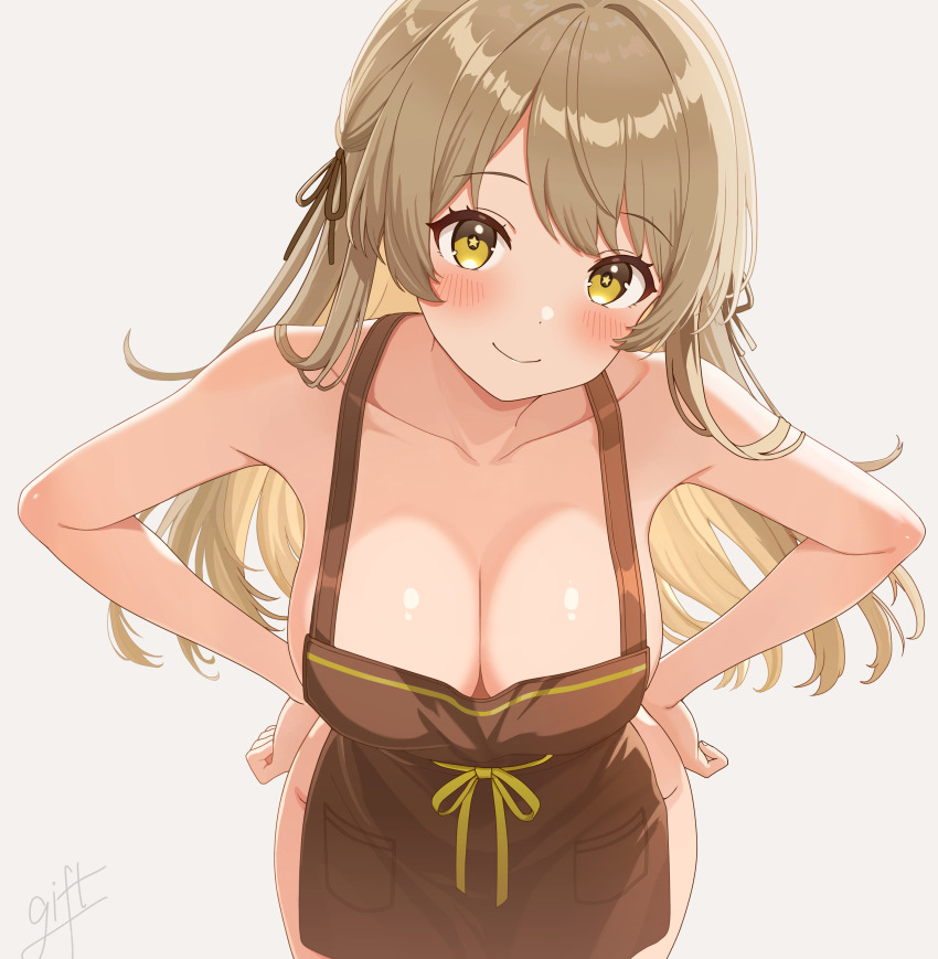 absurdres, apron, blush, breasts, brown_apron, brown_hair, brown_ribbon, cleavage