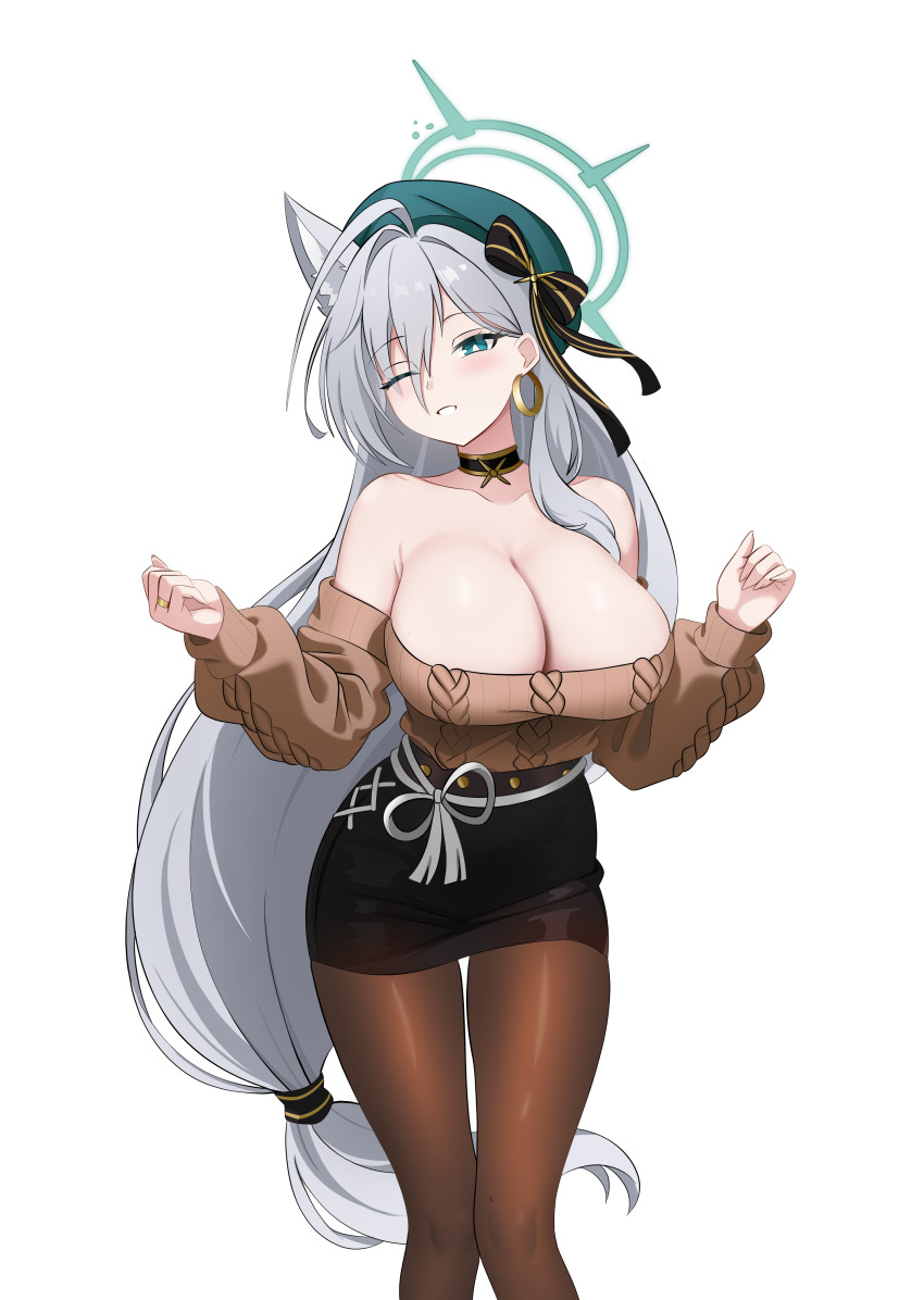 absurdres, ahoge, alternate_breast_size_(larger), alternate_costume, animal_ears, arms_up, azur_lane, belfast_(azur_lane)