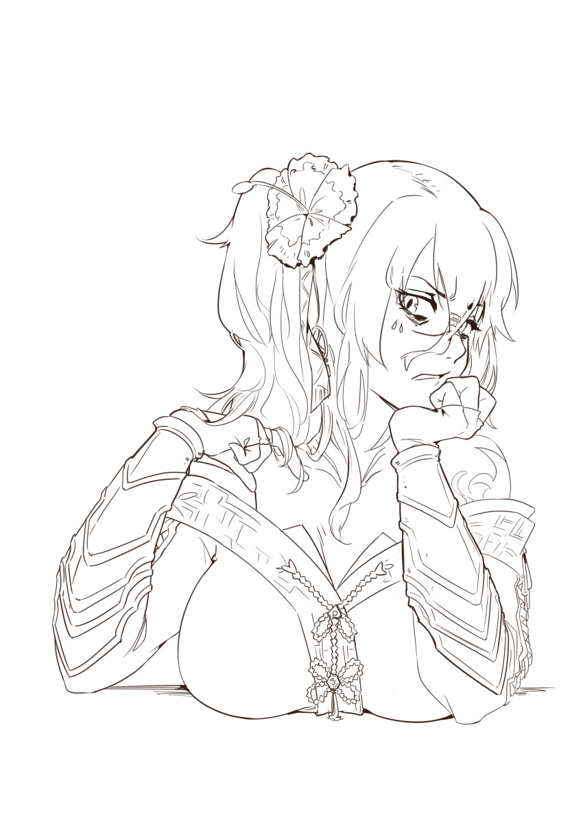 1girl, absurdres, arienne_(knights), bad_discord_link, bad_link, bags_under_eyes, bare_shoulders, breast_rest