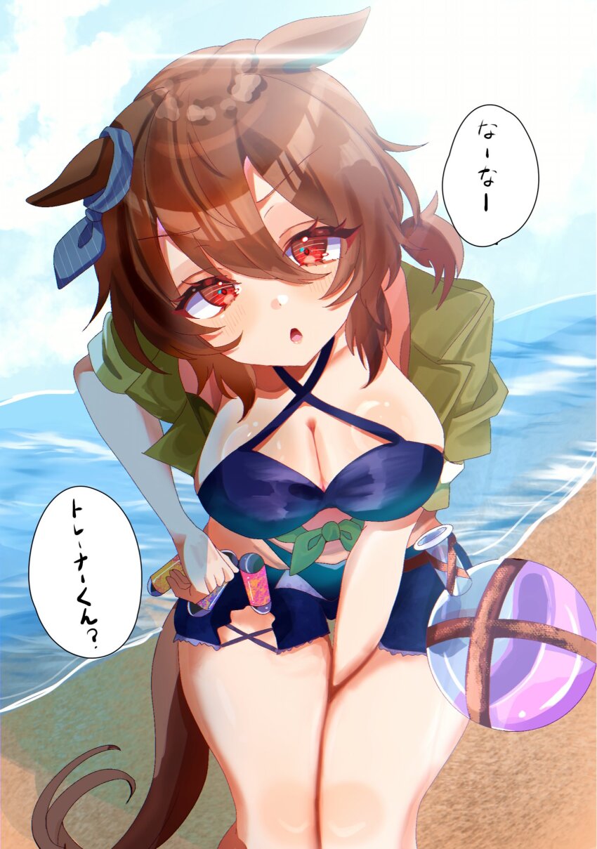 1girl, agnes_tachyon_(lunatic_lab)_(umamusume), agnes_tachyon_(umamusume), animal_ears, beach, bikini, black_bikini, blush