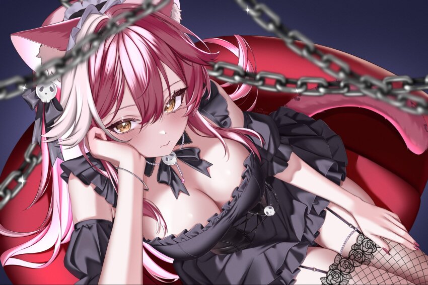 1girl, animal_ears, black_corset, black_dress, black_garter_straps, black_headdress, black_ribbon, black_sleeves, black_thighhighs, blurry, blurry_foreground, blush, bracelet, breasts, chain, chair, cleavage, closed_mouth, commentary, corset, detached_sleeves, dress, easy_chair, fingernails, fishnet_thighhighs, fishnets, flower-trimmed_thighhighs, from_above, garter_straps, hair_ornament, hair_ribbon, hand_on_own_cheek, hand_on_own_face, highres, hololive, hololive_english, jewelry, large_breasts, long_hair, multicolored_hair, nail_polish, necklace, panther_ears, panther_girl, panther_tail, pink_hair, pink_nails, pink_tail, raora_panthera, ribbon, short_sleeves, sitting, skull_collar, skull_hair_ornament, skull_ornament, solo, ssiiiyyaa, streaked_hair, tail, thighhighs, thighs, two-tone_hair, virtual_youtuber, white_hair, yellow_eyes