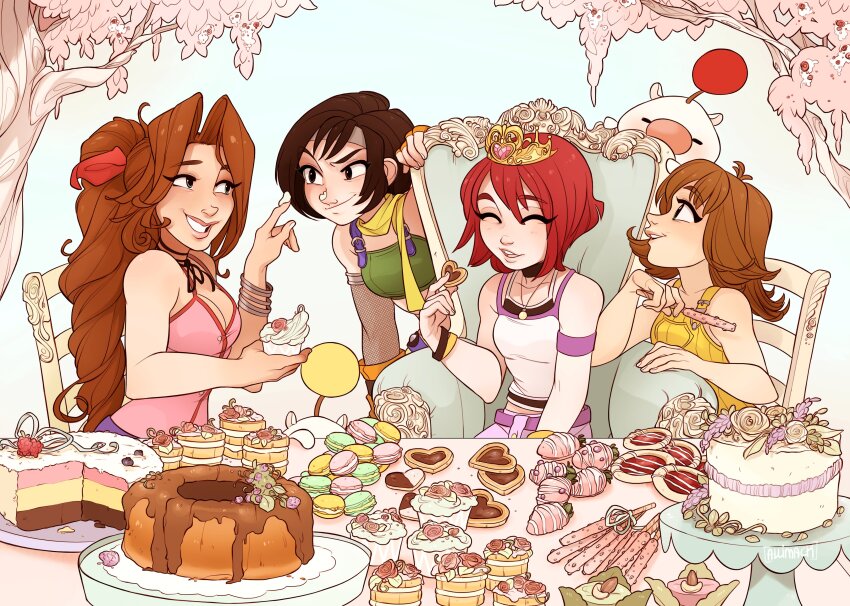 4girls, absurdres, aerith_gainsborough, armband, bangle, bare_shoulders, belt, black_camisole, black_choker, black_hair, bracelet, braid, braided_ponytail, breasts, brown_hair, cake, camisole, cat, chair, choker, cleavage, closed_eyes, colored_sclera, creature, crop_top, cupcake, dessert, dress, fancy_dessert, final_fantasy, final_fantasy_vii, final_fantasy_viii, fingerless_gloves, food, furrowed_brow, gloves, green_shirt, hair_between_eyes, hair_ribbon, headband, highres, holding, holding_food, jewelry, kairi_(kingdom_hearts), kingdom_hearts, long_hair, looking_at_another, macaron, medium_breasts, medium_hair, moogle, multiple_girls, necklace, official_alternate_costume, orange_gloves, overalls, parted_bangs, parted_lips, pink_dress, pink_skirt, princess, purple_armband, purple_belt, red_hair, red_ribbon, ribbon, ribbon_choker, selphie_tilmitt, shirt, shirt_under_shirt, short_hair, silver_bangle, single_braid, skirt, skirtzzz, sleeveless, sleeveless_dress, smile, spaghetti_strap, strapless, table, tea_party, tiara, tree, tube_top, upper_body, white_camisole, yellow_overalls, yellow_sclera, yuffie_kisaragi