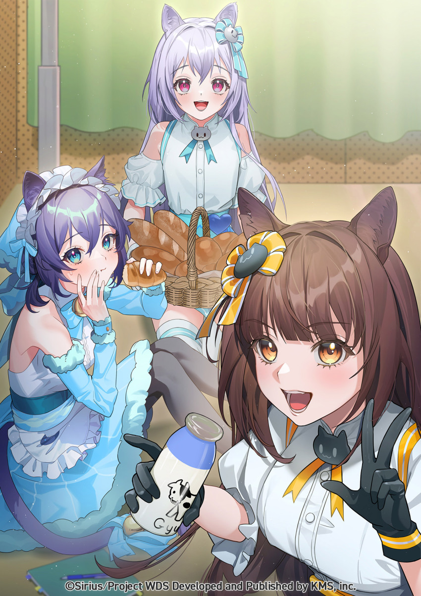 3girls, :d, animal_ears, bare_shoulders, brown_hair, cat_ears, cat_tail, cosplay