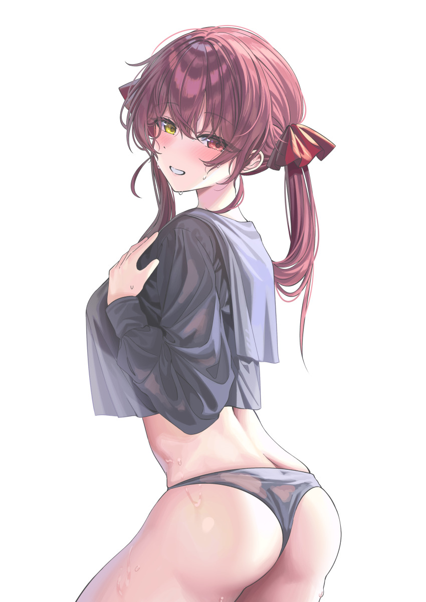 1girl, absurdres, alternate_costume, ass, black_shirt, blush, breasts, commentary_request