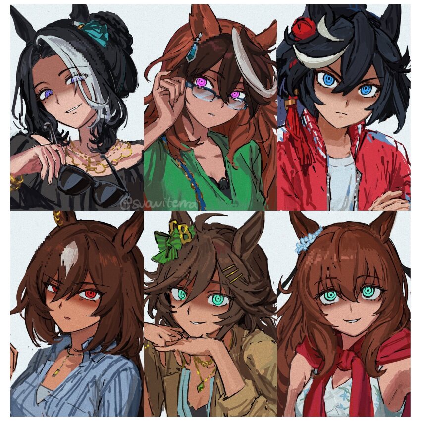 6+girls, animal_ears, artist_name, black_hair, black_shirt, blue_eyes, brown_hair, brown_jacket