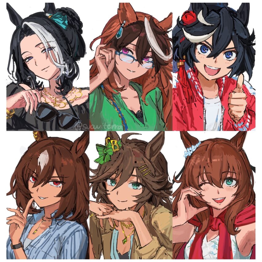 6+girls, animal_ears, artist_name, black_hair, black_shirt, blue_eyes, brown_hair, brown_jacket