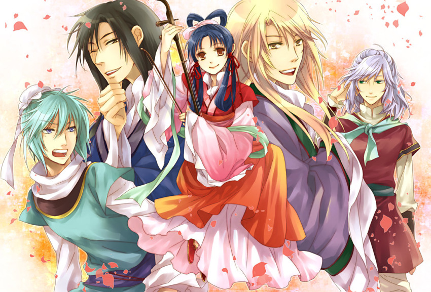 1girl, 4boys, black_hair, blonde_hair, changpao, chinese_clothes, green_eyes, green_hair