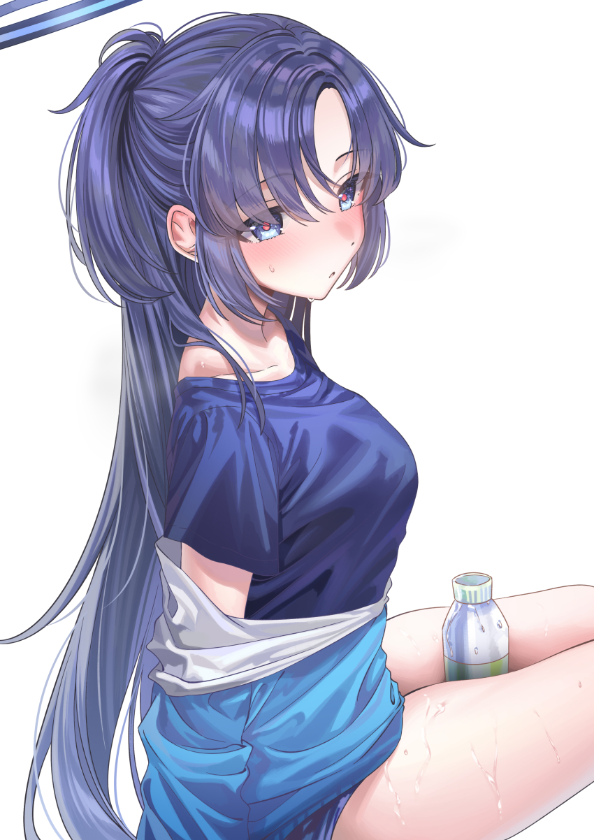 1girl, absurdres, between_thighs, black_halo, blue_archive, blue_buruma, blue_eyes, blue_hair
