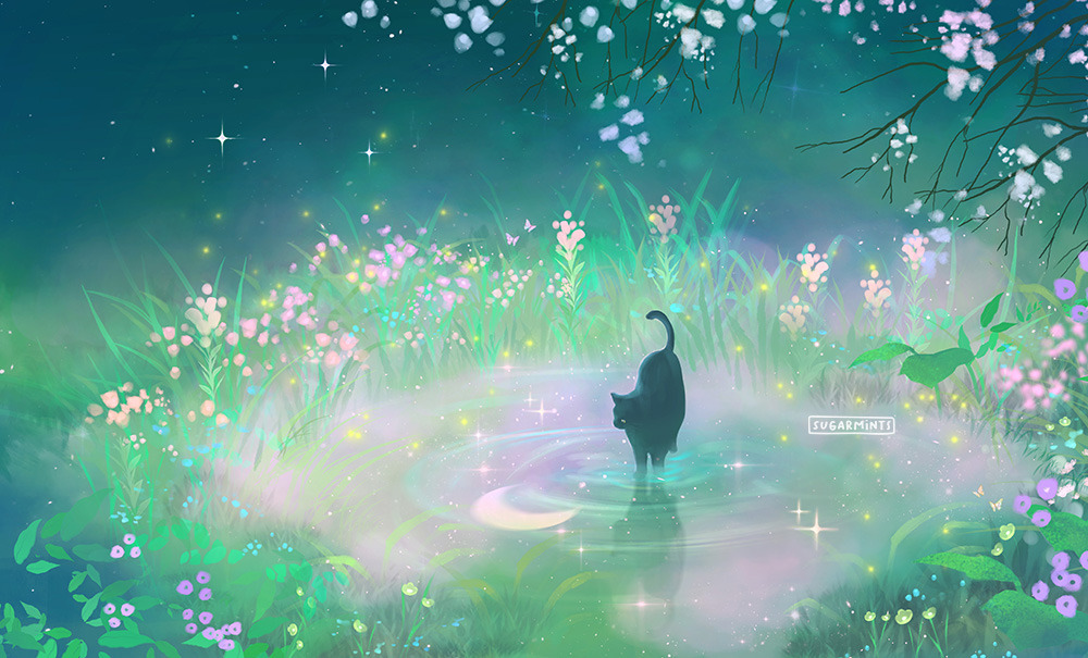 animal, animal_focus, black_cat, blossoms, cat, commentary, cool_colored, crescent_moon