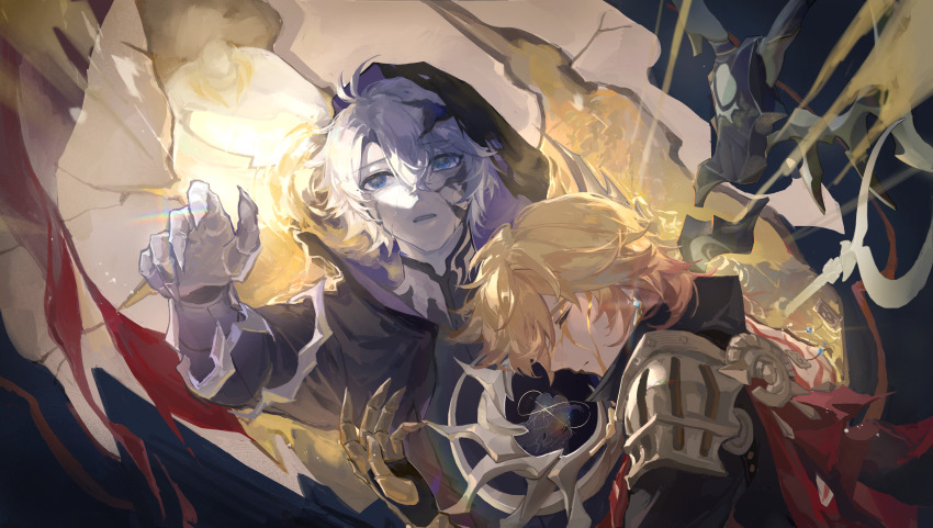 2boys, absurdres, antenna_hair, armlet, armor, black_cloak, black_coat, blonde_hair, blood, blood_on_face, braid, chinese_commentary, clawed_gauntlets, cloak, closed_eyes, coat, commentary_request, cracked_skin, earrings, ezi6570766, flame_reaver_of_the_deepest_dark, gold_earrings, gold_necklace, gradient_hair, highres, honkai:_star_rail, honkai_(series), hood, hood_up, hooded_cloak, jewelry, male_focus, medium_hair, multicolored_hair, multiple_boys, mydei_(honkai:_star_rail), necklace, pauldrons, red_hair, shoulder_armor, side_braid, single_pauldron, yaoi, yellow_blood