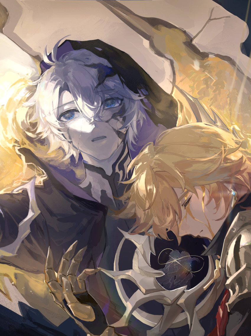 2boys, absurdres, antenna_hair, armlet, armor, black_cloak, black_coat, blonde_hair