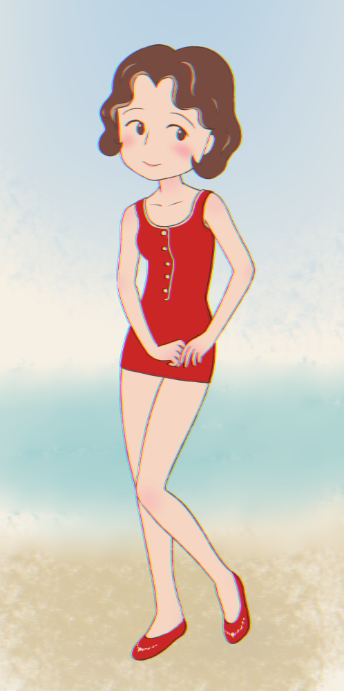 1girl, blush, breasts, brown_eyes, brown_hair, chibi_maruko-chan, cloud, collarbone