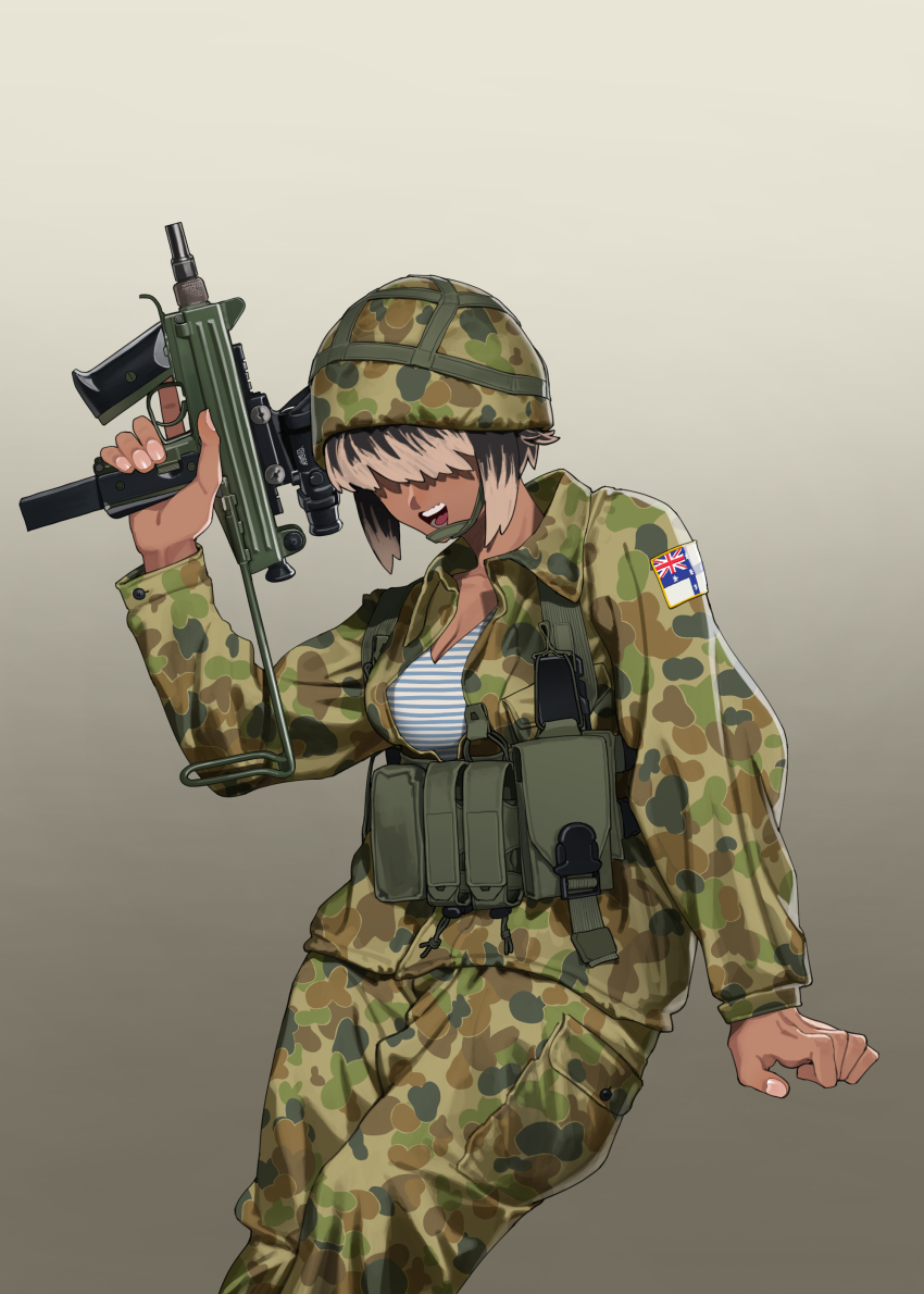 1girl, absurdres, ammunition_pouch, australia, breasts, buttons, camouflage, camouflage_headwear