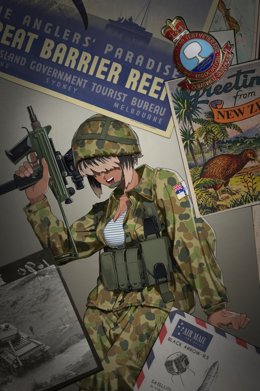 1girl, absurdres, ammunition_pouch, australia, breasts, buttons, camouflage, camouflage_headwear