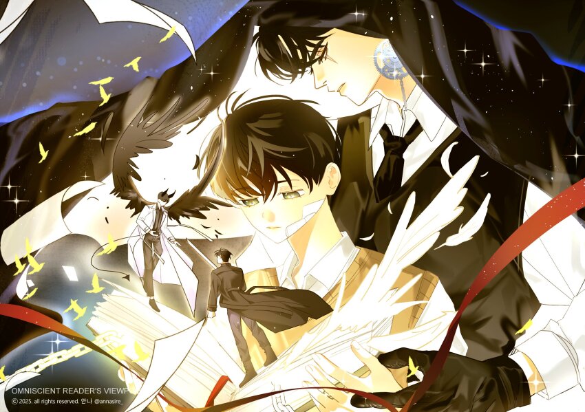 4boys, annasire, bandage_on_face, bandages, black_coat, black_eyes, black_gloves, black_hair