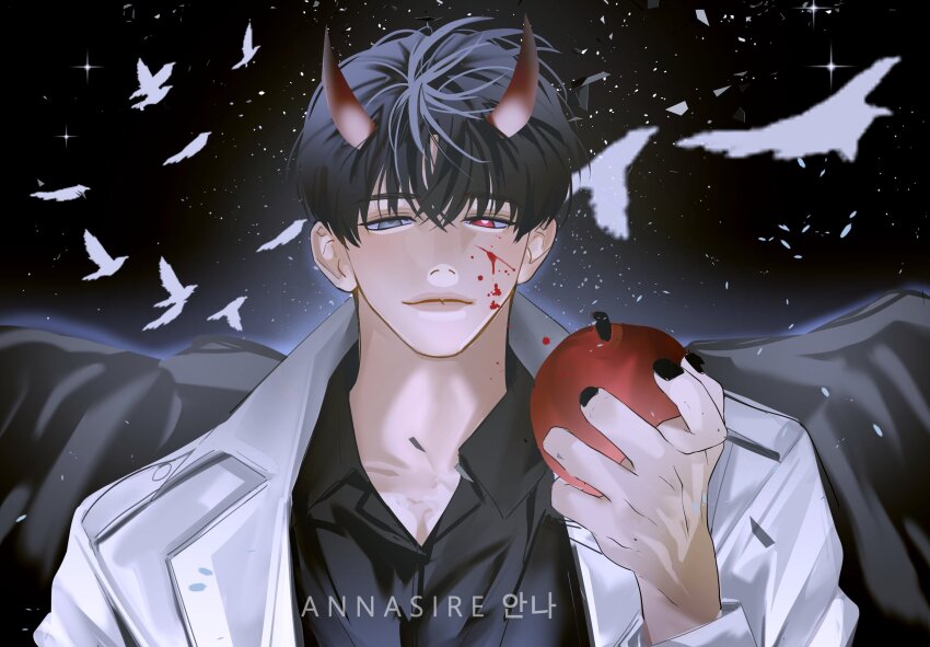 1boy, annasire, bird, black_eyes, black_hair, black_nails, black_shirt, black_wings