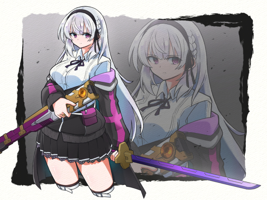 1girl, amatsu_marei, arm_at_side, assault_lily, belt, belt_buckle, black_hairband, black_jacket, black_ribbon, black_skirt, black_thighhighs, border, bow, bow_hairband, braid, breasts, buckle, buttons, closed_mouth, collared_shirt, cowboy_shot, cropped_legs, digamma, gradient_background, grey_background, grey_hair, hair_bow, hair_ribbon, hairband, hand_up, holding, holding_sheath, holding_sword, holding_weapon, jacket, jewelry, large_breasts, long_hair, long_sleeves, looking_at_viewer, miniskirt, neck_ribbon, off_shoulder, outside_border, pleated_skirt, pouch, ribbon, ring, scabbard, school_uniform, sheath, shirt, side_braid, skirt, solo, standing, sword, symbol-shaped_pupils, thigh_belt, thigh_strap, thighhighs, two-sided_fabric, two-sided_jacket, unsheathed, v-shaped_eyebrows, very_long_hair, weapon, white_belt, white_border, white_shirt, zoom_layer