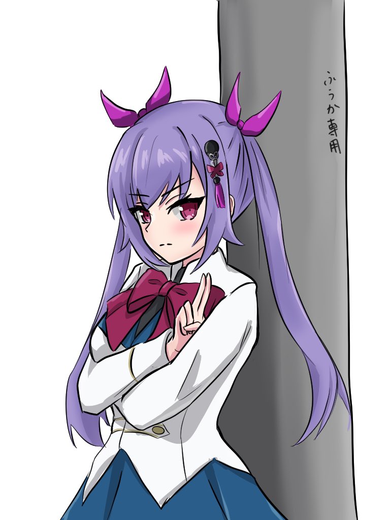 1girl, against_pillar, arms_under_breasts, assault_lily, blue_skirt, blush, bow, bowtie