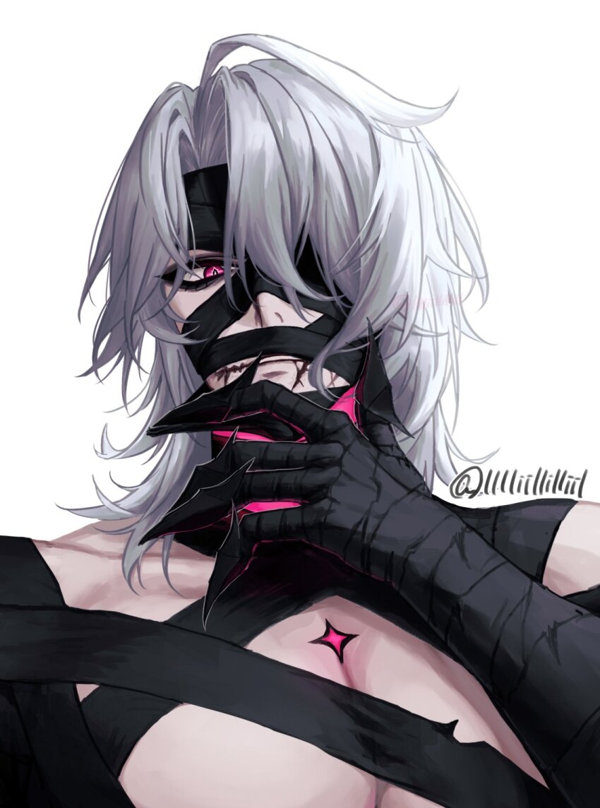 1boy, arm_up, bare_pectorals, closed_mouth, commentary_request, fingernails, genshin_impact, highres, lllliillilliil, looking_to_the_side, male_focus, medium_hair, one_eye_covered, parted_hair, pectorals, pink_eyes, rerir_(genshin_impact), sharp_fingernails, sideways_glance, simple_background, solo, twitter_username, white_background, white_hair