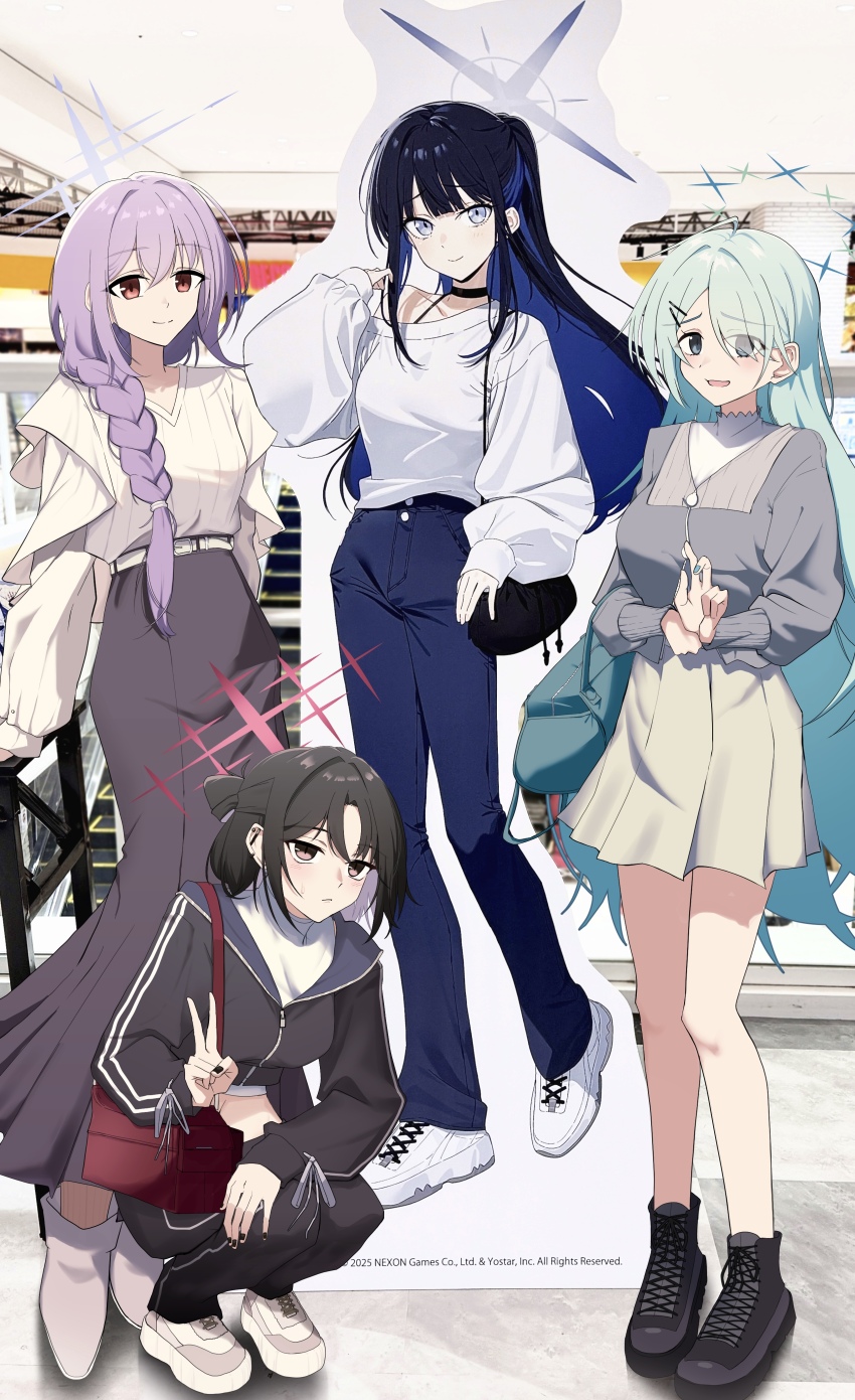 3girls, absurdres, alternate_costume, amtkmituki, aqua_hair, arius_squad_(blue_archive), atsuko_(blue_archive), black_hair, black_jacket, black_pants, blue_archive, brown_skirt, cardboard_cutout, casual, commentary_request, cropped_jacket, eyes_visible_through_hair, fingernails, grey_hair, grey_shirt, hair_over_one_eye, half_updo, halo, highres, hiyori_(blue_archive), jacket, long_braid, long_hair, long_skirt, looking_at_viewer, misaki_(blue_archive), multiple_girls, nail_polish, pants, photo_background, purple_hair, saori_(blue_archive), shirt, skirt, smile, squatting, standing, standing_on_one_leg, straight_hair, sweatdrop, v, very_long_hair