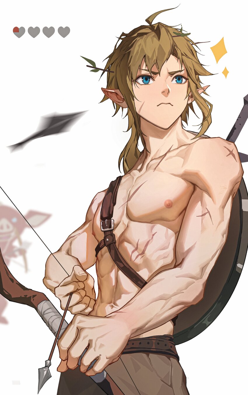1boy, absurdres, ahoge, arrow_(projectile), belt, blonde_hair, blue_eyes, bokoblin, bow_(weapon), brown_pants, burururubu, closed_mouth, collarbone, commentary, cowboy_shot, fingernails, frown, highres, holding, holding_bow_(weapon), holding_weapon, incoming_attack, link, male_focus, medium_hair, multiple_scars, navel, nintendo, nipples, pants, pectorals, pointy_ears, scar, shield, shield_on_back, solo_focus, sword, sword_on_back, the_legend_of_zelda, the_legend_of_zelda:_breath_of_the_wild, toned, toned_male, topless_male, weapon, weapon_on_back, white_background