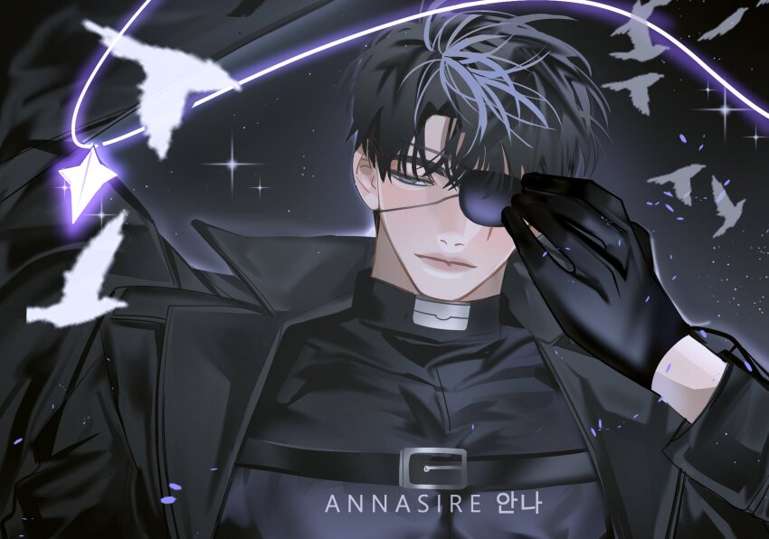 1boy, adjusting_eyepatch, annasire, arm_up, bird, black_coat, black_eyes, black_gloves