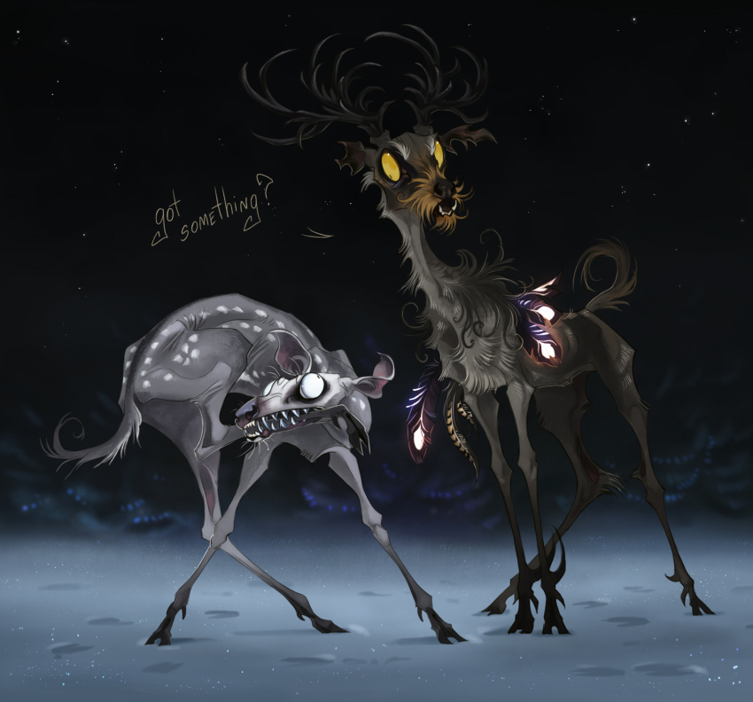 animal, animal_focus, body_fur, brown_fur, colored_sclera, deer, english_text, grey_fur