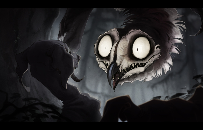 animal, animal_focus, beak, bird, brown_feathers, cave, dog, feathers, grey_dog, grey_fur, highres, letterboxed, looking_at_another, monster, no_humans, open_mouth, original, owl, sharp_teeth, teeth, tischeritsa, tree, wings