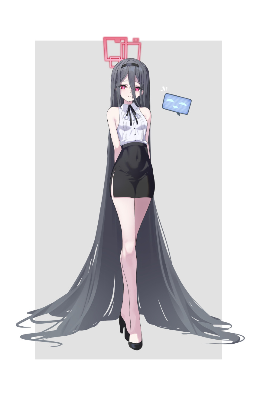 1girl, absurdly_long_hair, absurdres, alternate_costume, arms_behind_back, arume_ad, bare_legs, black_hair