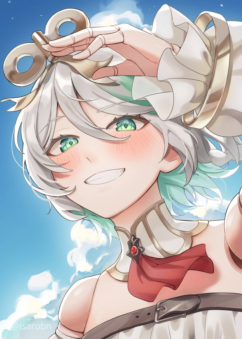 1girl, absurdres, blush, cecilia_immergreen, cecilia_immergreen_(1st_costume), cloud, colored_inner_hair, detached_collar