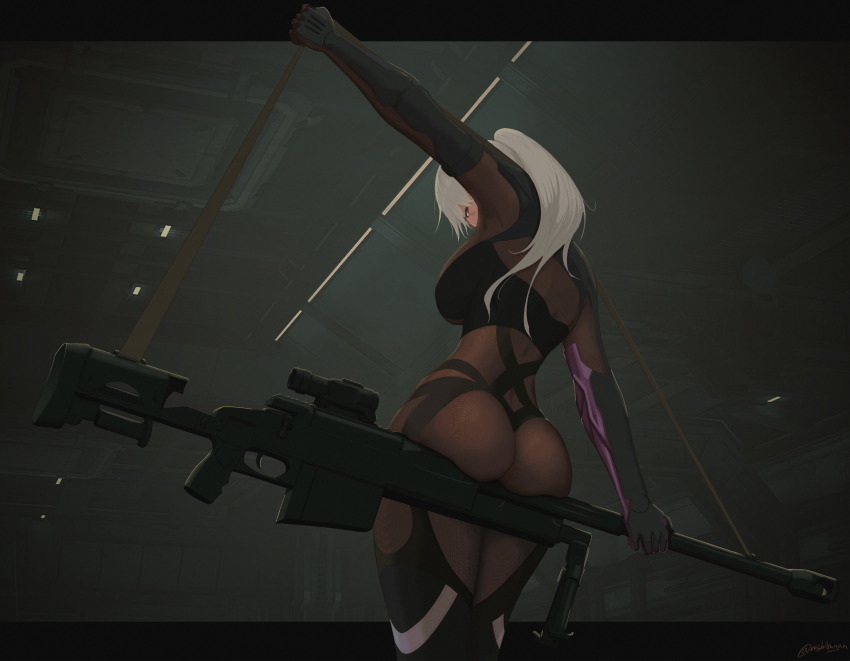 1girl, absurdres, anti-materiel_rifle, ass, bolt_action, dark_skin, girls'_frontline, girls'_frontline_2:_exilium