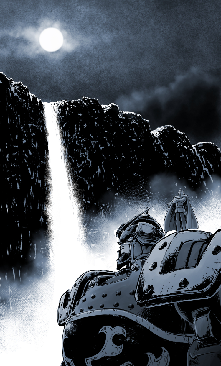 1boy, armor, blue_theme, cape, chinese_clothes, cliff, cloud, commentary_request, crossed_arms, facial_hair, fog, full_body, full_moon, g_gundam, glowing, gundam, highres, kowloon_gundam, looking_up, master_asia, mecha, mobile_suit, monochrome, moon, mustache, night, outdoors, partial_commentary, rivets, robot, saboten7, sash, science_fiction, size_difference, sky, solo, spiked_helmet, standing, standing_on_shoulder, turban, v-fin, water, waterfall