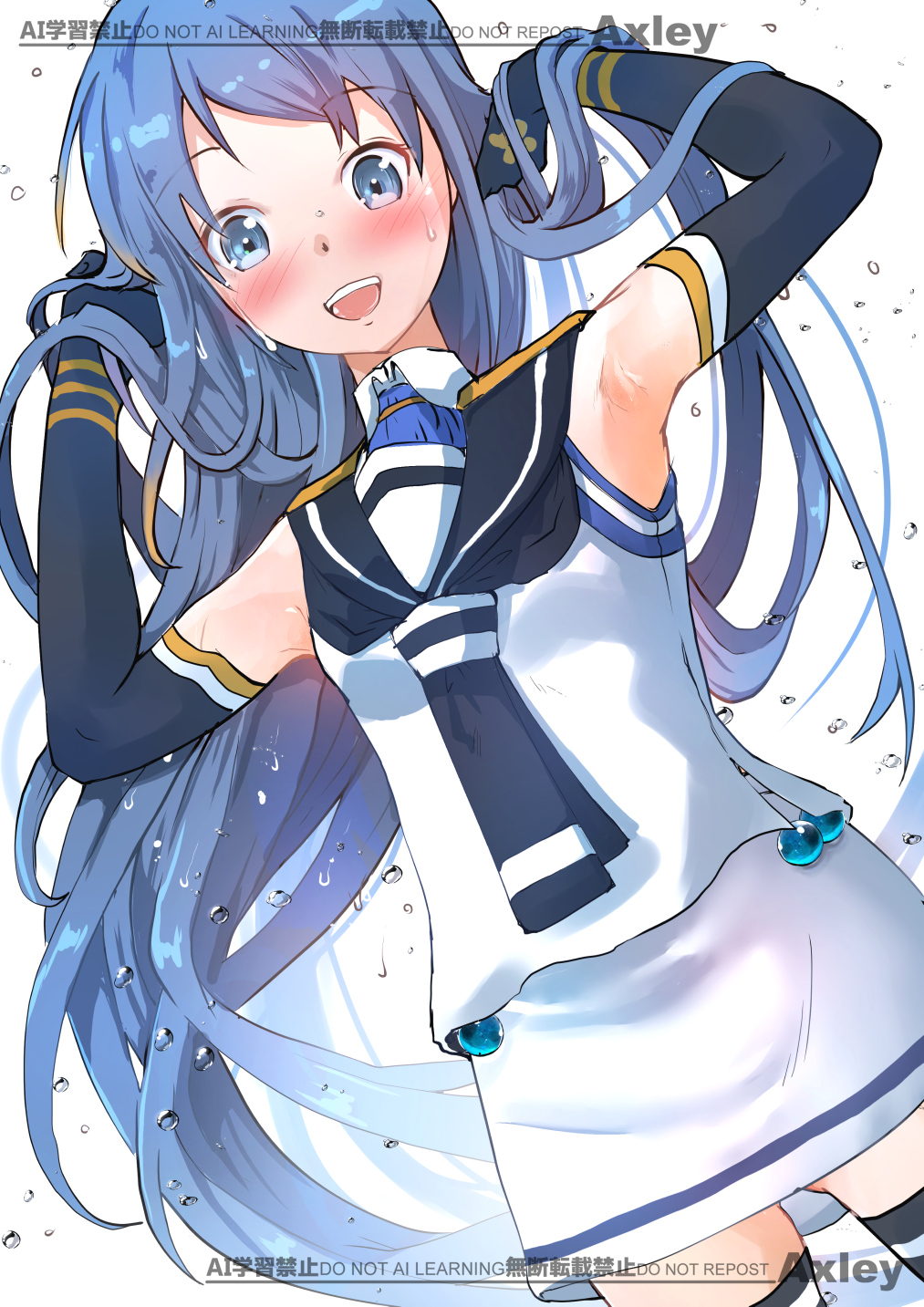 1girl, axley, black_gloves, black_neckerchief, black_sailor_collar, black_thighhighs, blue_eyes, blue_hair