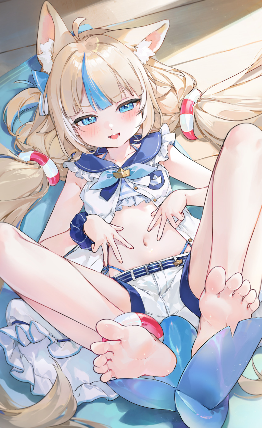 1girl, absurdres, ahoge, animal_ear_fluff, animal_ears, barefoot, blonde_hair, blue_eyes