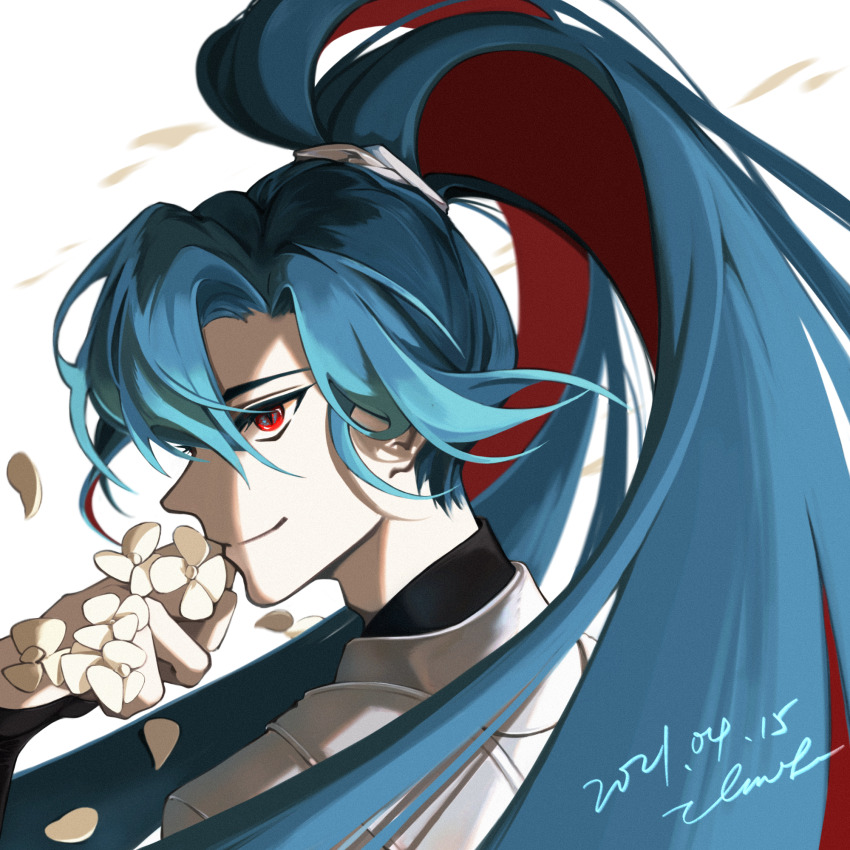 1boy, anz1105, aqua_hair, black_shirt, chinese_commentary, colored_inner_hair, curtained_hair, dated