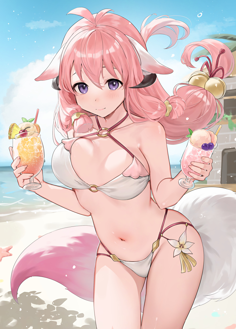 1girl, animal_ears, antenna_hair, bikini, blue_sky, breasts, character_request, closed_mouth