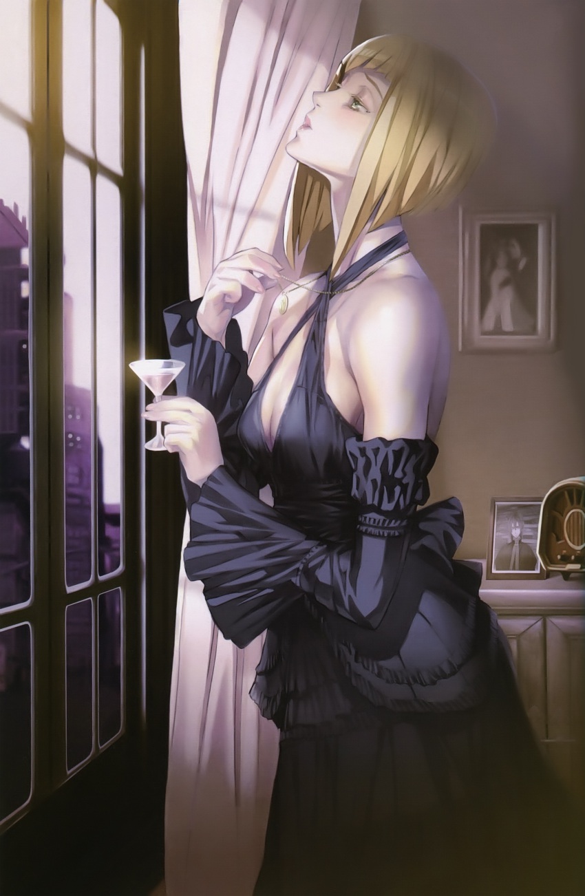 00s, 1girl, absurdres, bare_shoulders, blonde_hair, bob_cut, breasts, cleavage, criss-cross_halter, cup, detached_sleeves, dress, drinking_glass, female_focus, formal_clothes, green_eyes, halterneck, highres, jewelry, lips, looking_up, maeshima_shigeki, milepoch_finedel, mirepoc_finedel, necklace, picture_frame, solo, tatakau_shisho, window, wine_glass