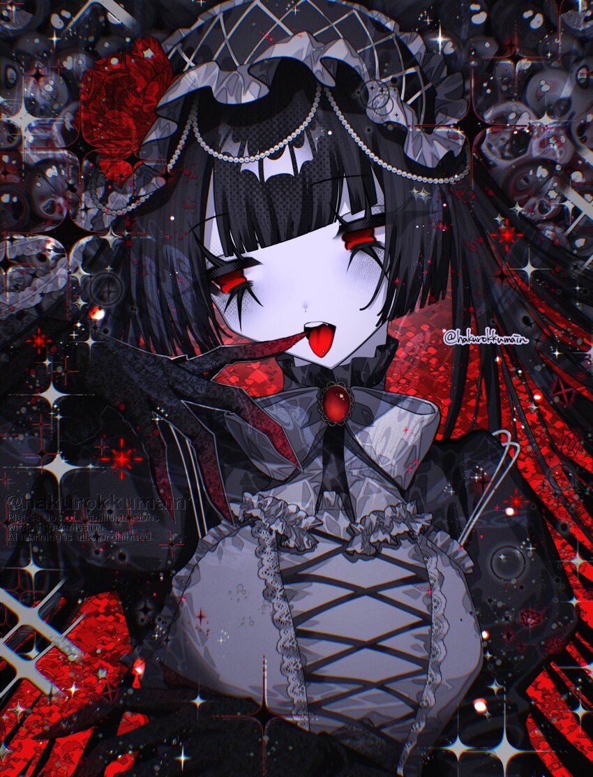 1girl, beads, black_dress, black_gloves, black_hair, blunt_bangs, cross-laced_clothes, cross-laced_dress