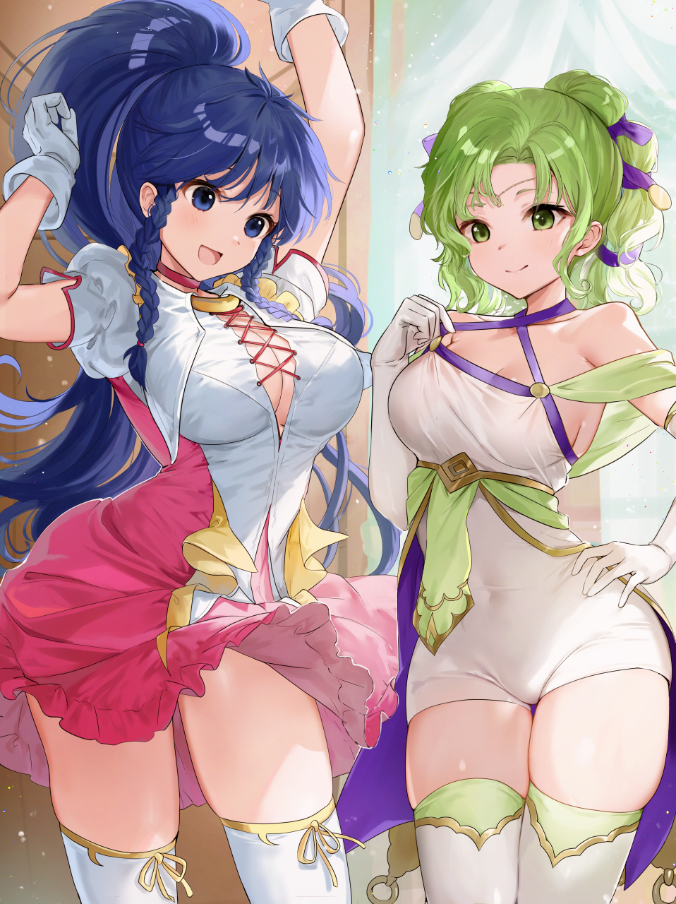 2girls, :d, aged_up, alternate_costume, arm_up, armpits, blue_eyes, blue_hair, braid, breasts, cleavage, closed_mouth, collarbone, covered_navel, dress, fire_emblem, fire_emblem:_the_sacred_stones, gloves, green_eyes, green_hair, hand_on_own_hip, haru_(nakajou-28), highres, l'arachel_(fire_emblem), l'arachel_(seeker_of_justice)_(fire_emblem), large_breasts, long_hair, medium_breasts, multiple_girls, nintendo, official_alternate_costume, open_mouth, ponytail, skindentation, smile, standing, tana_(fire_emblem), tana_(frelian_starlight)_(fire_emblem), thighhighs, thighs, tongue, twin_braids, undersized_clothes, white_dress, white_gloves, white_thighhighs, wide_hips