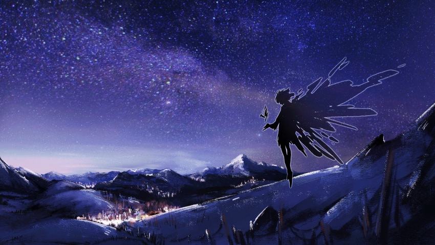 1girl, animal_ears, anz1105, arknights, bird_ears, bird_girl, chinese_commentary, cloak, dress, floating_cape, from_side, full_body, highres, kjera_(arknights), mountain, night, object_floating_above_hand, outdoors, profile, scenery, short_hair, silhouette, sky, snow, solo, standing, star_(sky), starry_sky, town