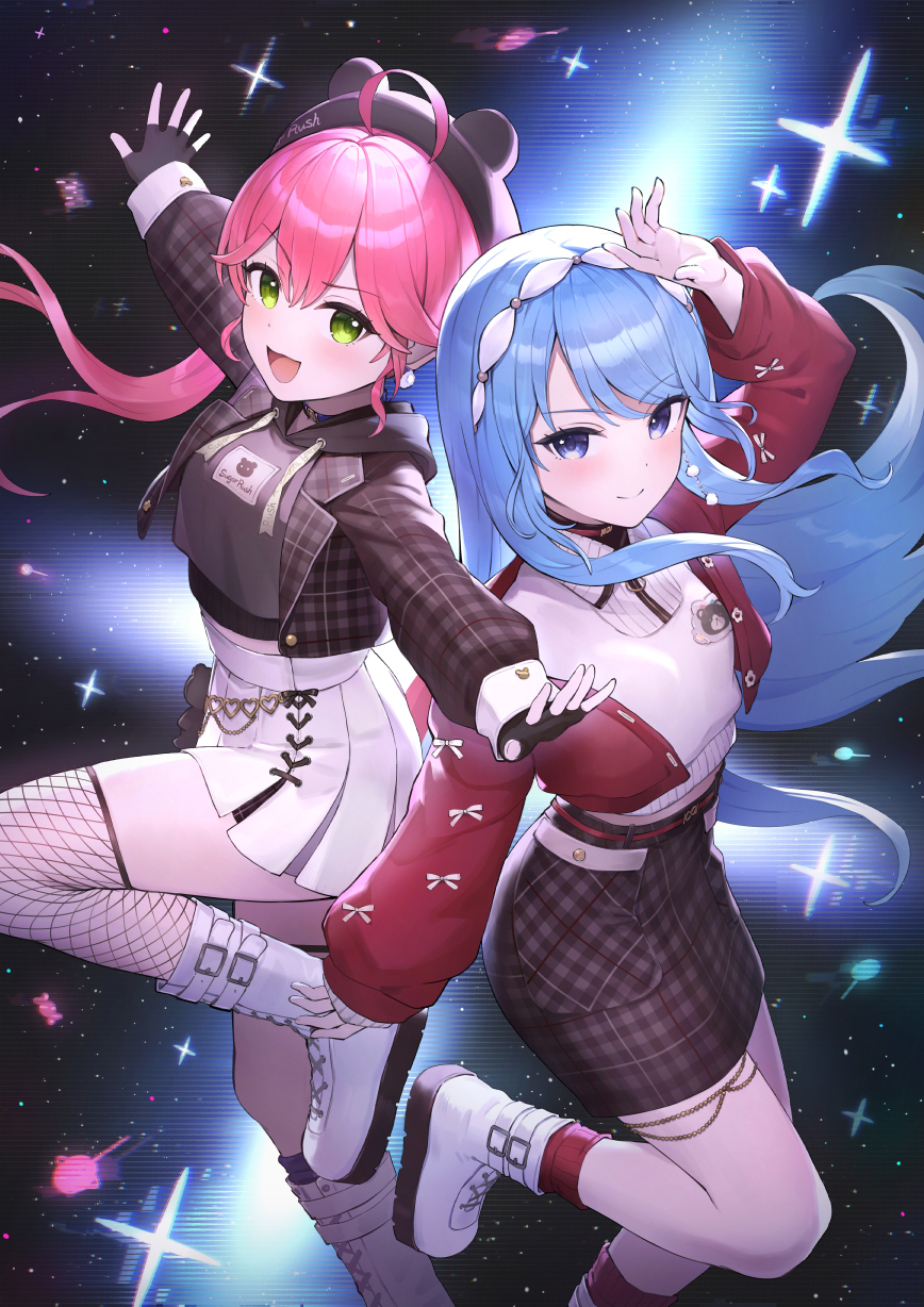 2girls, arm_up, black_gloves, black_hat, black_hoodie, blue_eyes, blue_hair, blush